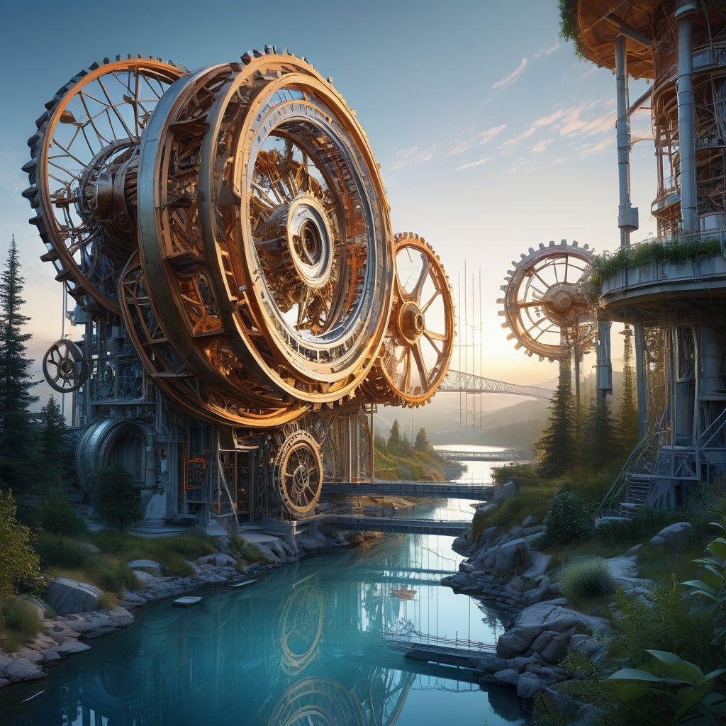 A captivating representation of engineering transformation, featuring dynamic structures morphing into various geometrical shapes, surrounded by blueprints and sketches. Incorporate elements like gears and digital interfaces to signify technological advancement, with an ethereal glow emphasizing metamorphosis. The background should include abstract representations of science and nature intertwining. surrealistic art. vibrant colors. white background.