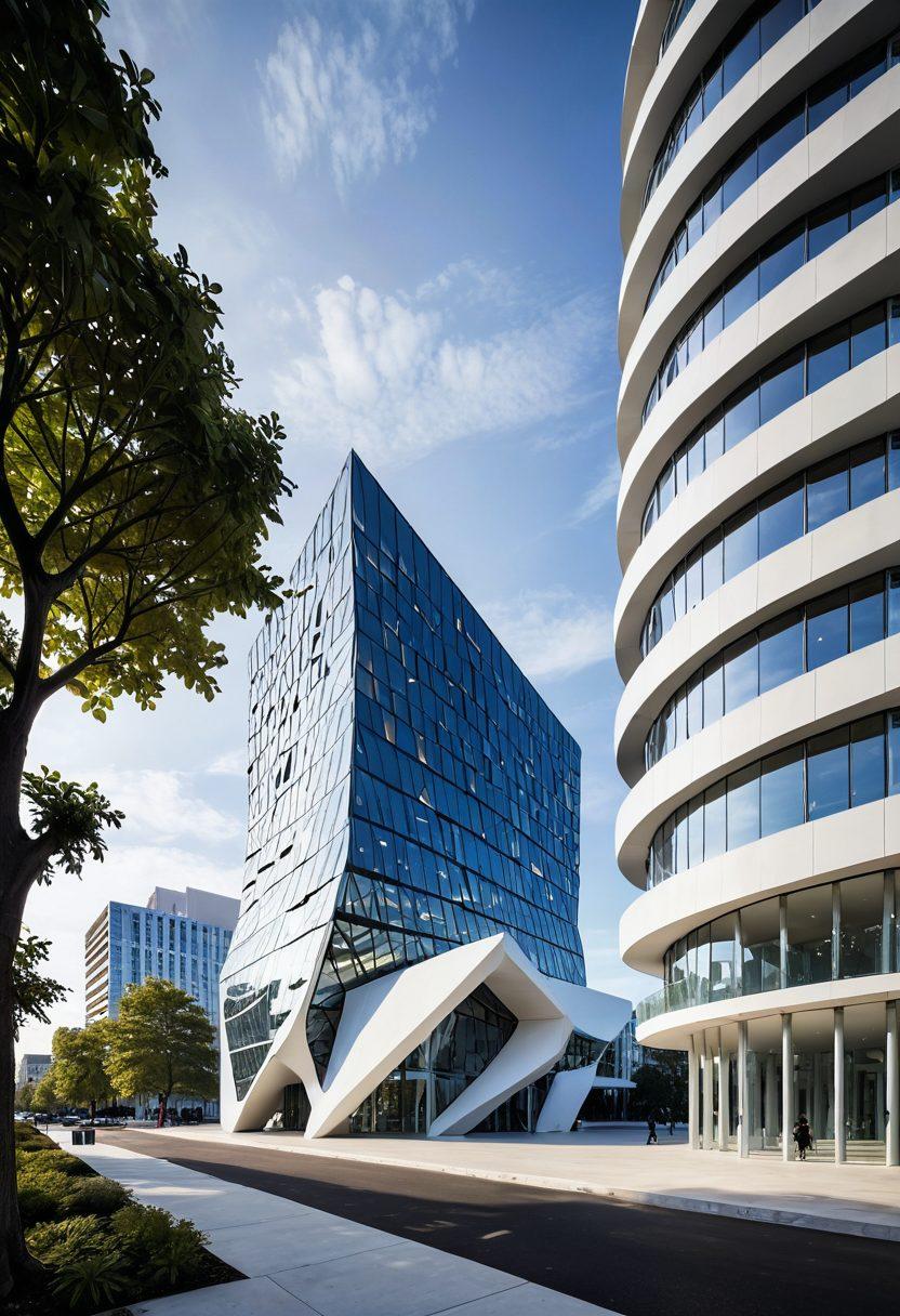 A dynamic scene showcasing the transition from traditional rigid structures to innovative, morphing designs. Elements of architecture with flowing, organic shapes merging with futuristic materials, symbolizing evolution. A bright horizon where creativity meets structural integrity, surrounded by vibrant foliage and technology. Illustrate before-and-after stages of a building morphing into an innovative structure. super-realistic. vibrant colors. white background.