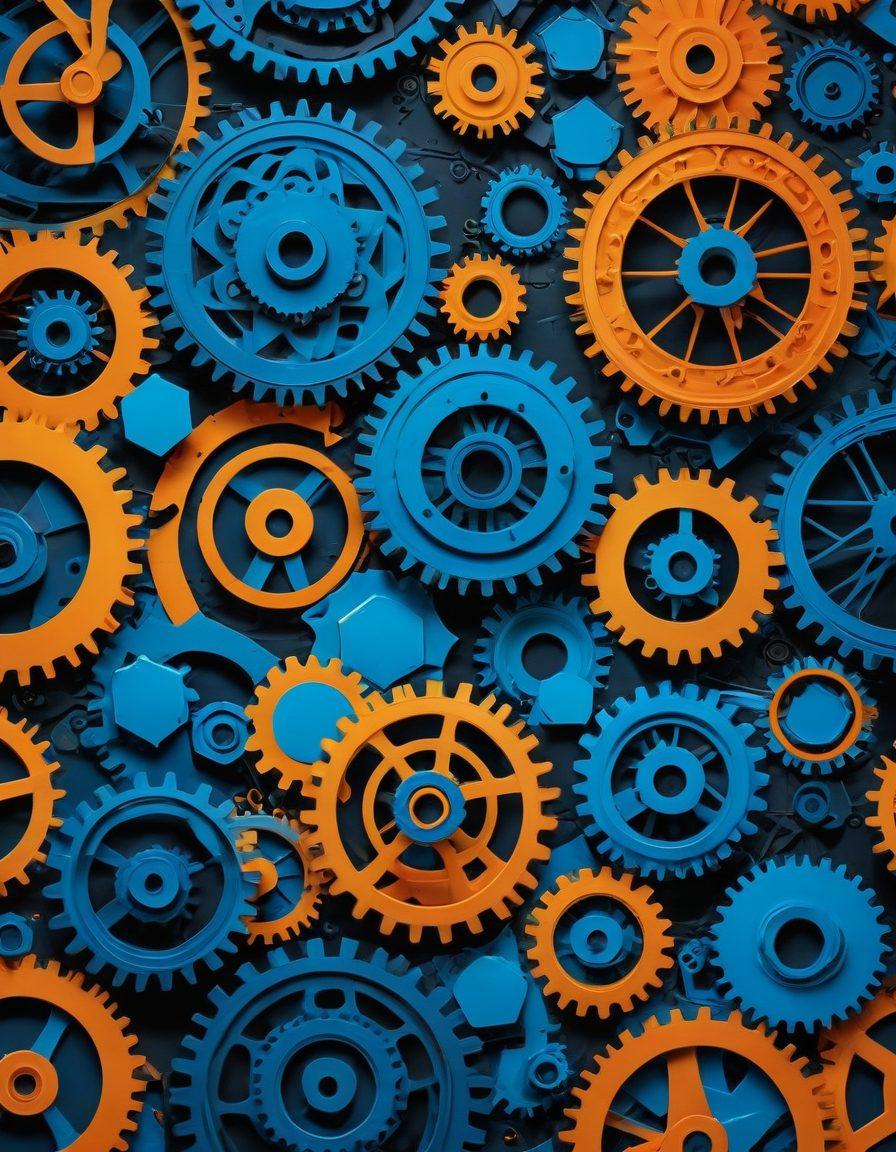 A dynamic collage showcasing various geometric shapes like triangles, circles, and hexagons morphing into engineering tools and structures. Include blueprints and gears intertwined with the shapes, illustrating the transformative process of design and engineering. The background should feature a gradient from cool to warm tones, symbolizing innovation and creativity in engineering. super-realistic. vibrant colors. geometric abstraction.